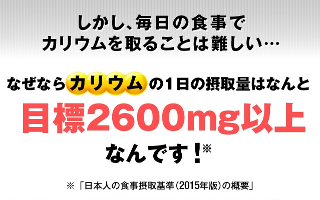 しかし、毎日の食事で カリウムを取ることは難しい… なぜならカリウムの1日の摂取量はなんと目標2600mg以上 ※ なんです！ ※「日本人の食事摂取基準（2015年版）の概要」